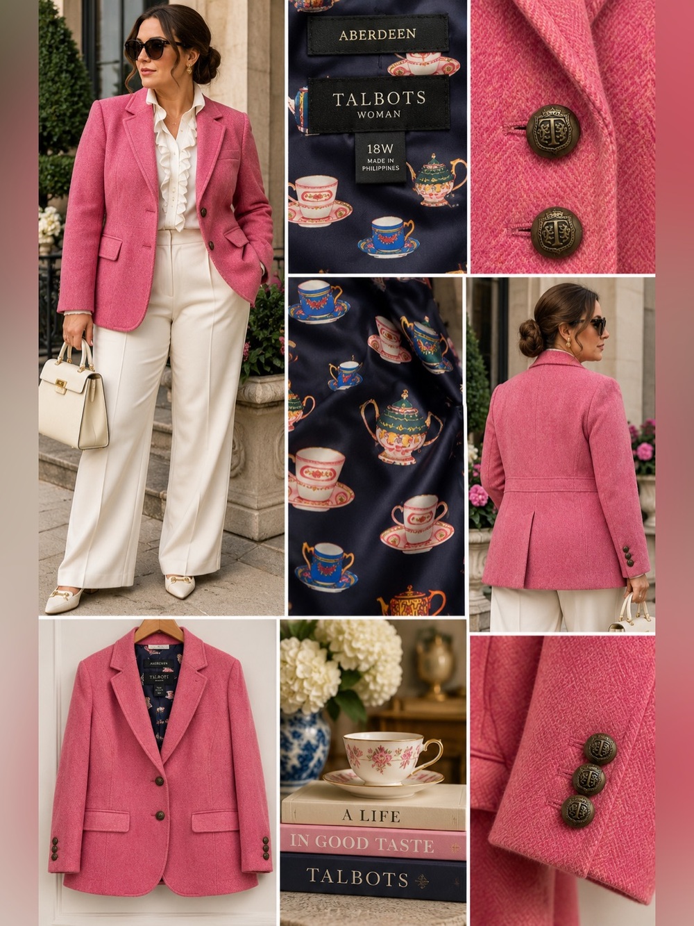 Talbots Aberdeen Pink Herringbone Wool Blend Blazer 18W Tea Cup Lining